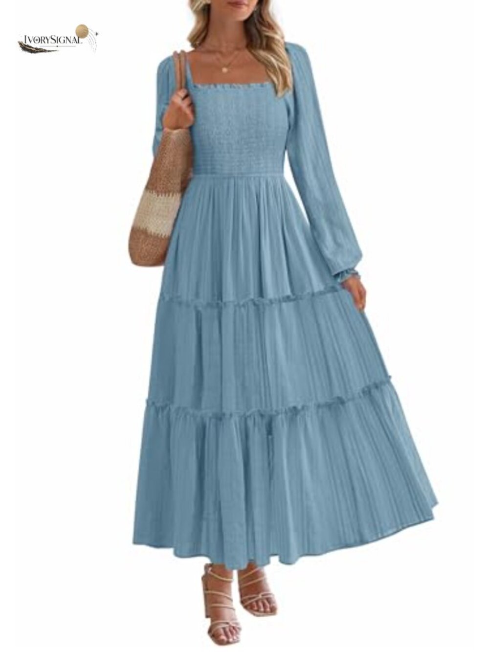 Women's Long Sleeve Ruffle Flowy Maxi Dress Square Neck Smocked